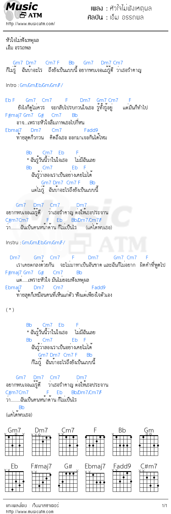 คอร์ดเพลง หัวใจไม่ฟังเหตุผล