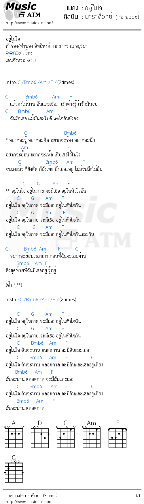 คอร์ดเพลง อยู่ในใจ - พาราด็อกซ์ (Paradox) | คอร์ดเพลงใหม่