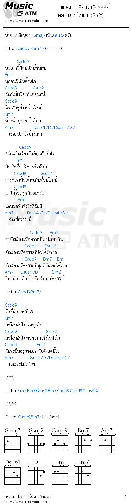 คอร์ดเพลง เรื่องมหัศจรรย์