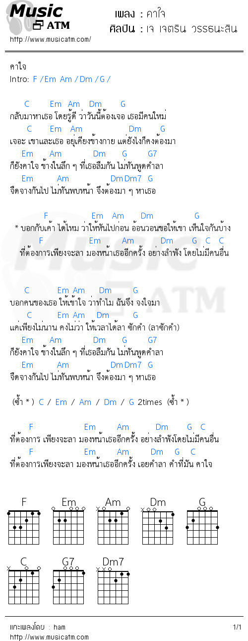 คอร์ดเพลง คาใจ