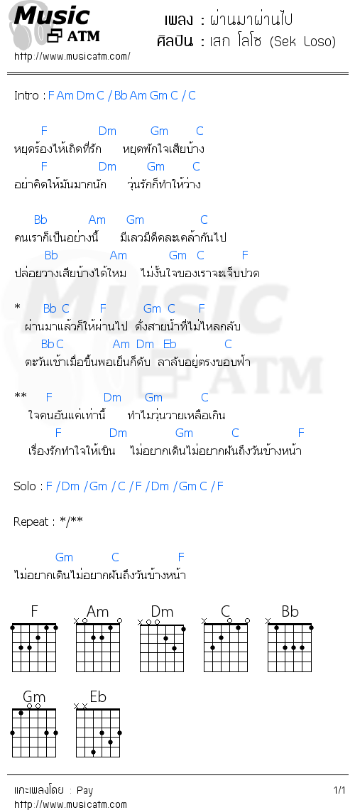 คอร์ดเพลง ผ่านมาผ่านไป