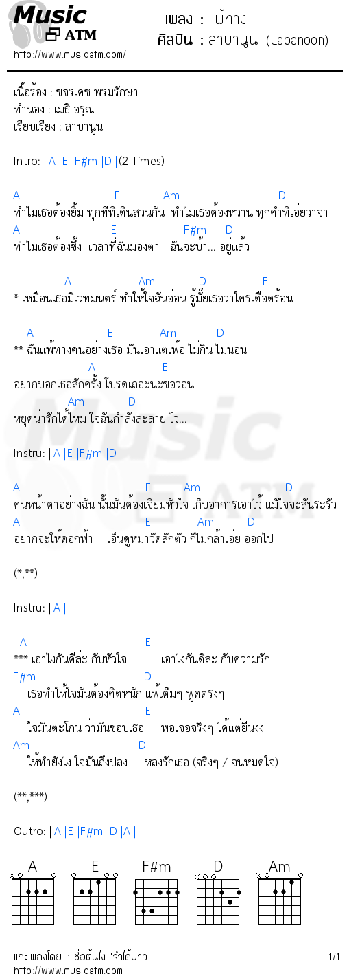 คอร์ดเพลง แพ้ทาง