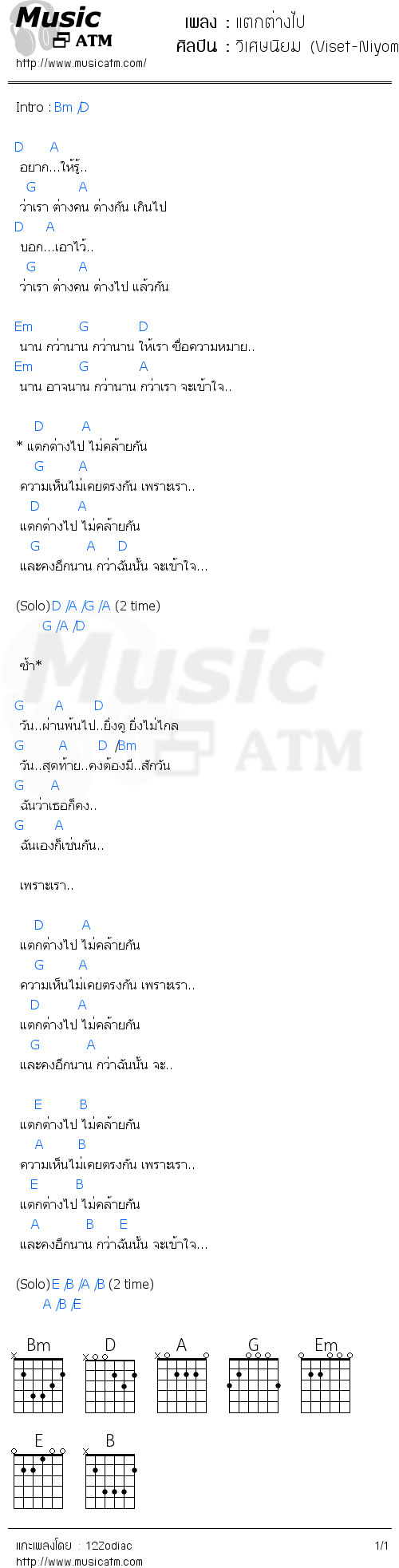 คอร์ดเพลง แตกต่างไป