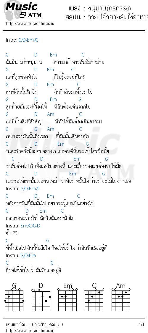 คอร์ดเพลง หนุมาน(ก็รักจริง) - กาย โอ้วตายลืมให้อาหารแมวครับ﻿ (FootStart) | คอร์ดเพลงใหม่