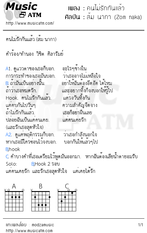 คอร์ดเพลง คนไม่รักกันแล้ว - ส้ม นากา (Zom naka) | คอร์ดเพลงใหม่