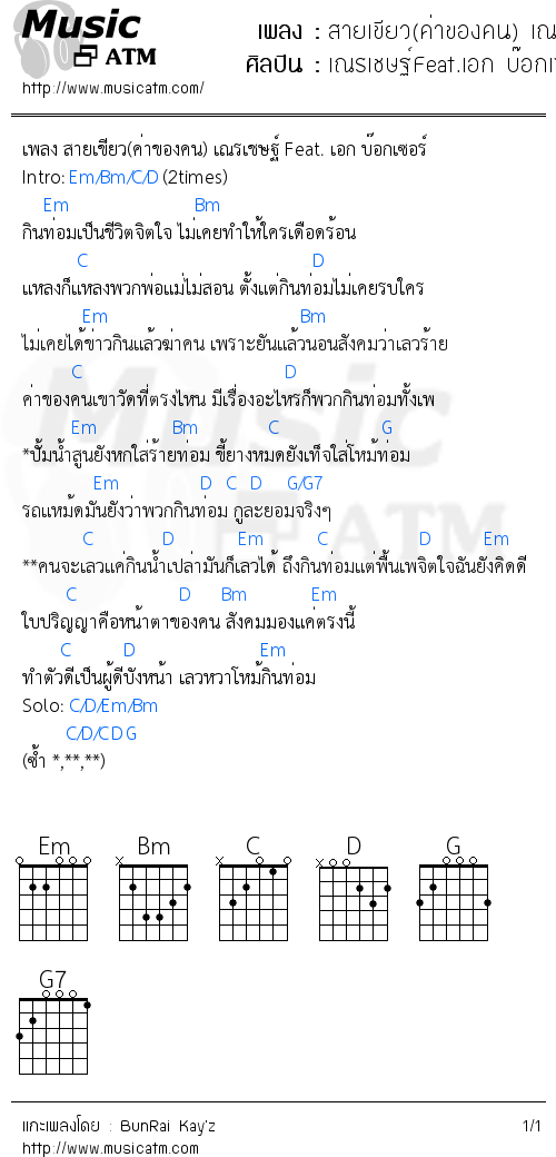 คอร์ดเพลง สายเขียว(ค่าของคน) เณรเชษฐ์ Feat. เอก บ๊อกเซอร์