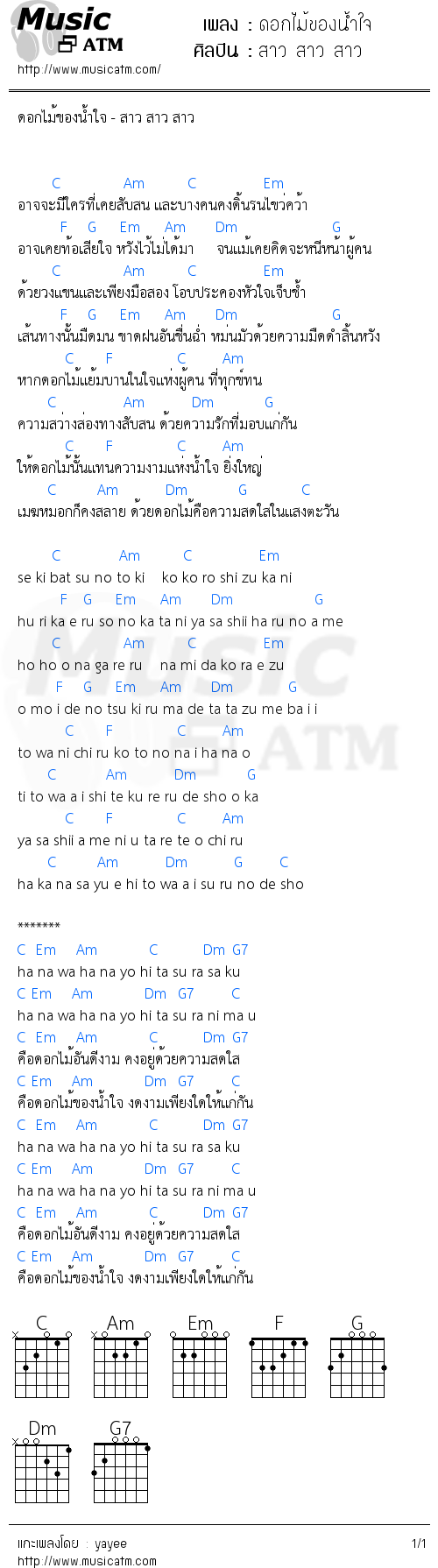 คอร์ดเพลง ดอกไม้ของน้ำใจ