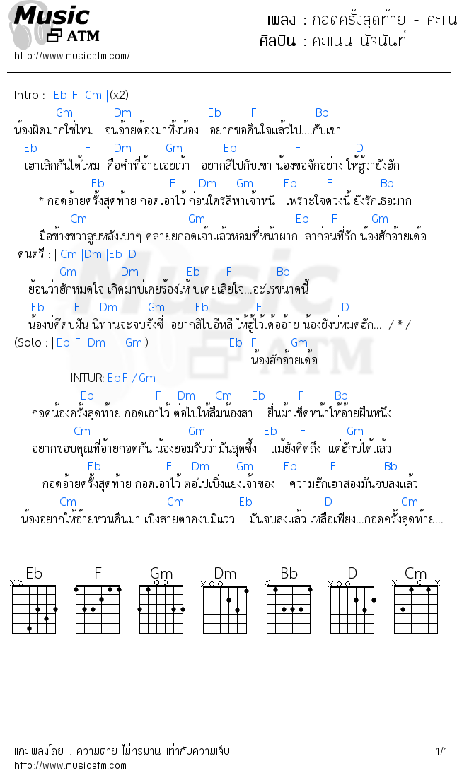 คอร์ดเพลง กอดครั้งสุดท้าย - คะแนน นัจนันท์ 【Cover Audio Version】
