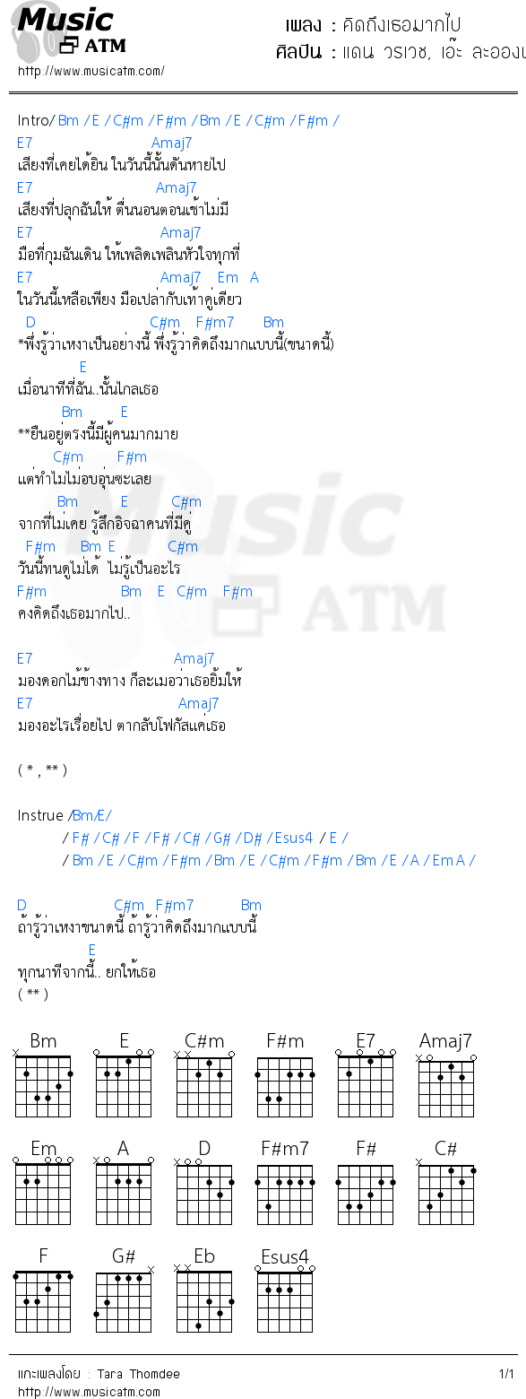 คอร์ดเพลง คิดถึงเธอมากไป