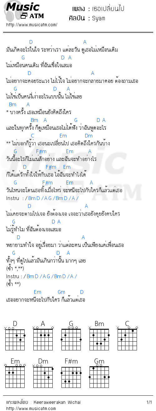 คอร์ดเพลง เธอเปลี่ยนไป