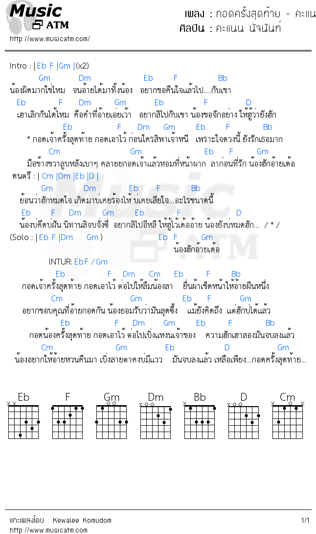 คอร์ดเพลง กอดครั้งสุดท้าย - คะแนน นัจนันท์ 【Cover Audio Version】