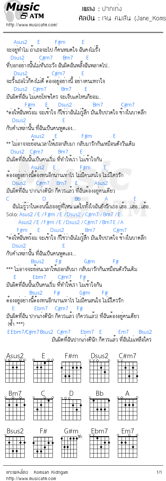 คอร์ดเพลง ปากเก่ง - เจน คมสัน (Jane_Komsan) | คอร์ดเพลงใหม่