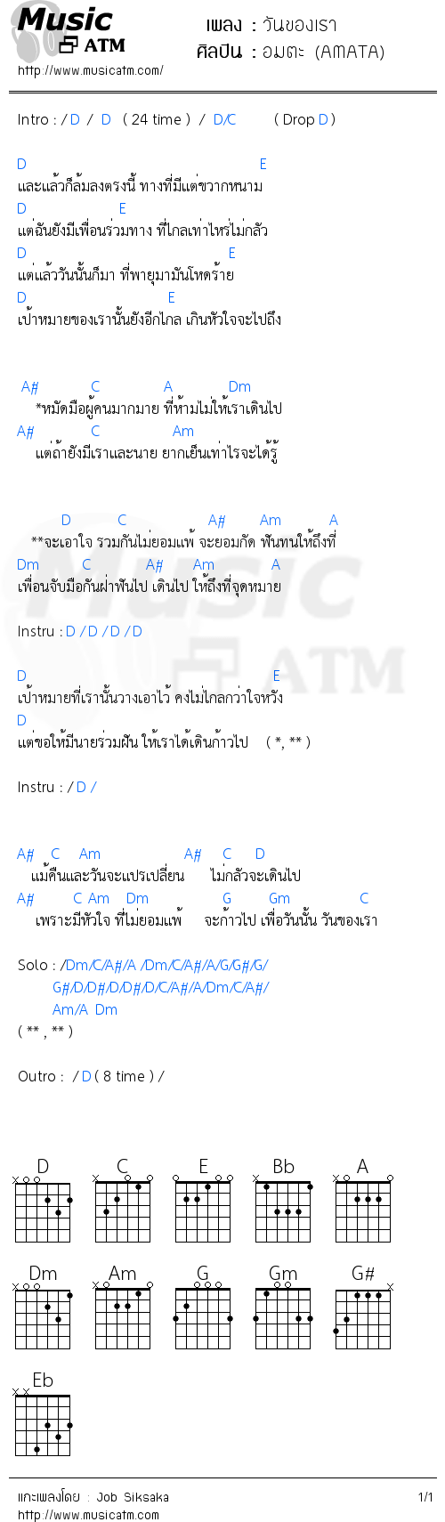 คอร์ดเพลง วันของเรา