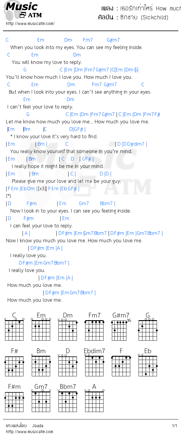 คอร์ดเพลง เธอรักเท่าไหร่ How much you love