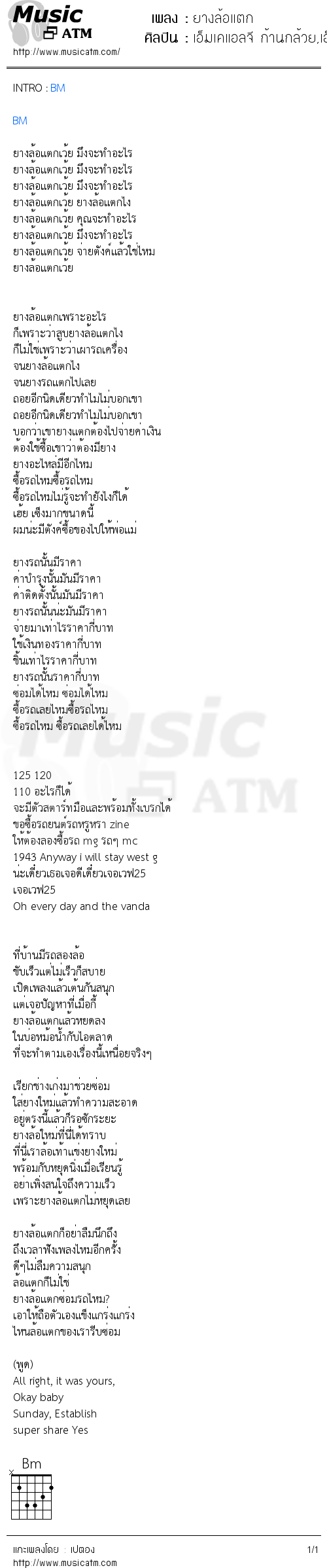 คอร์ดเพลง ยางล้อแตก