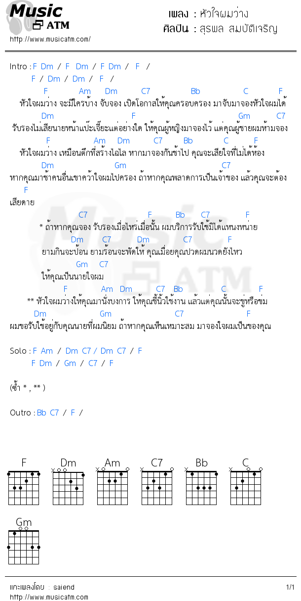 คอร์ดเพลง หัวใจผมว่าง