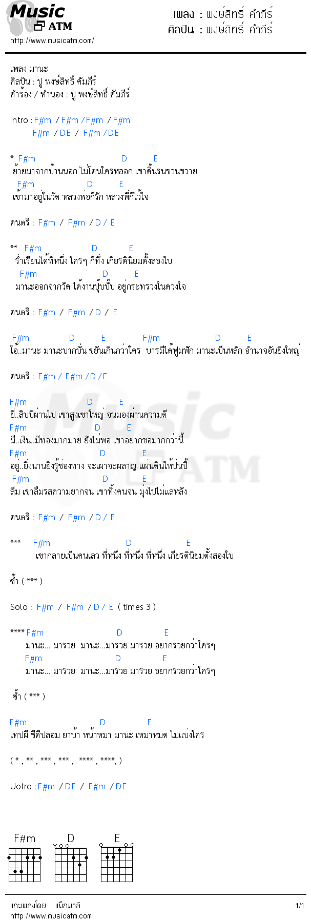 คอร์ดเพลง พงษ์สิทธิ์ คำภีร์