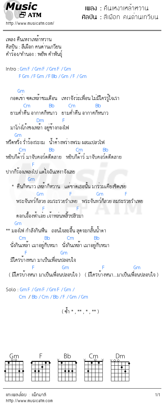 คอร์ดเพลง คืนเหงาเหล้าหวาน