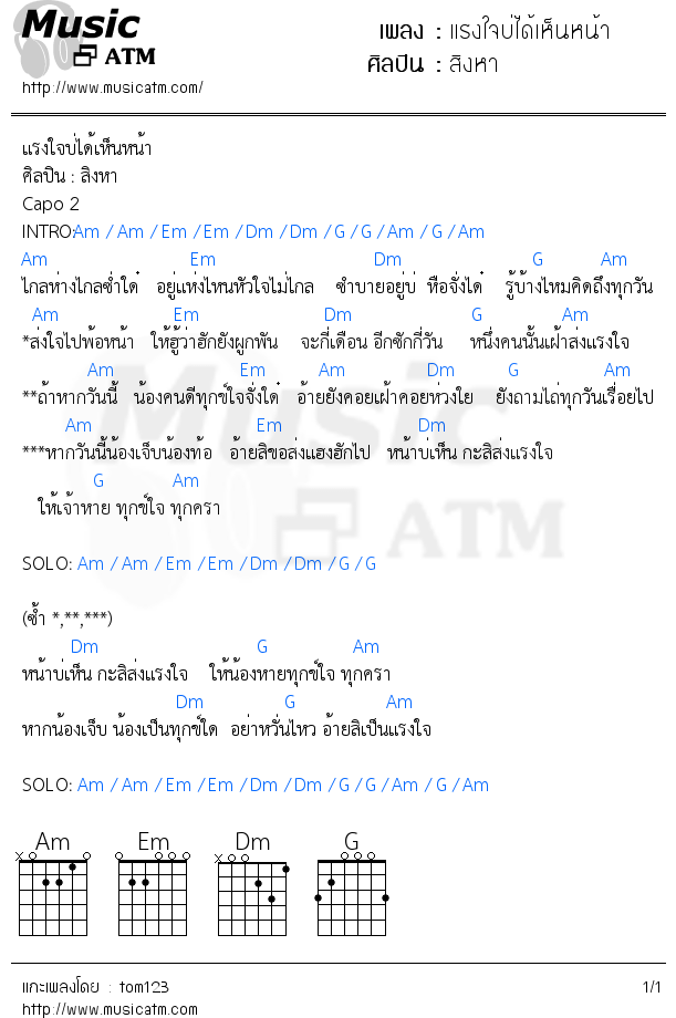 คอร์ดเพลง แรงใจบ่ได้เห็นหน้า