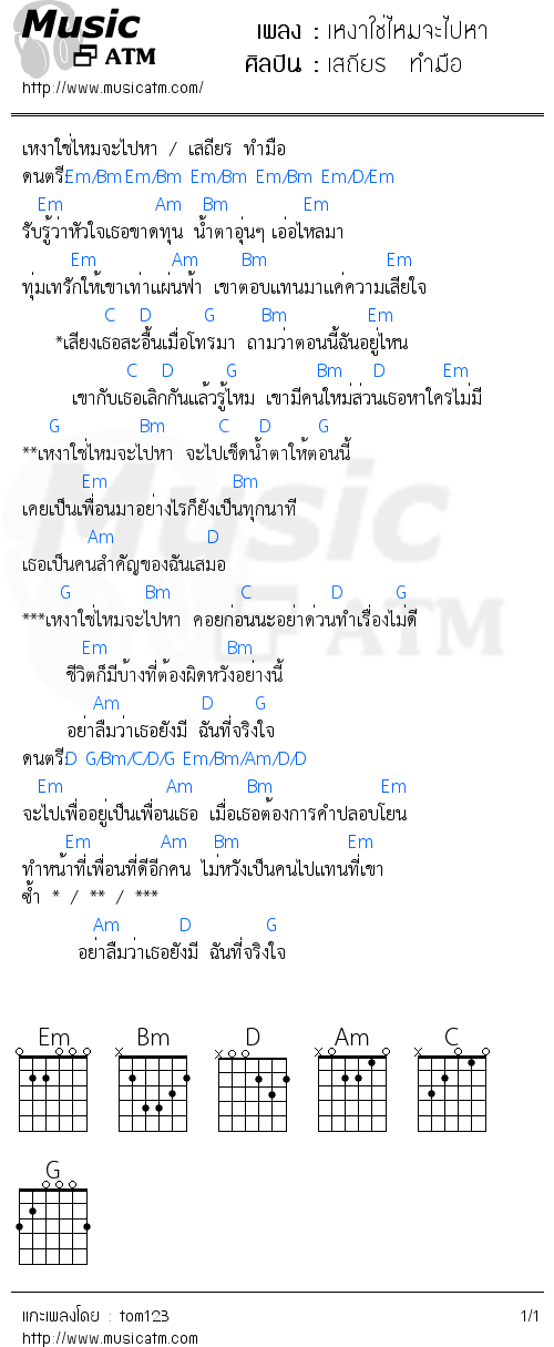 คอร์ดเพลง เหงาใช่ไหมจะไปหา