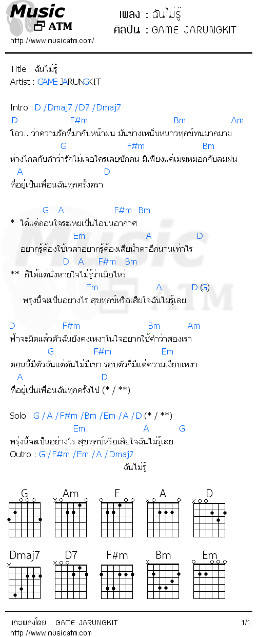 คอร์ดเพลง ฉันไม่รู้