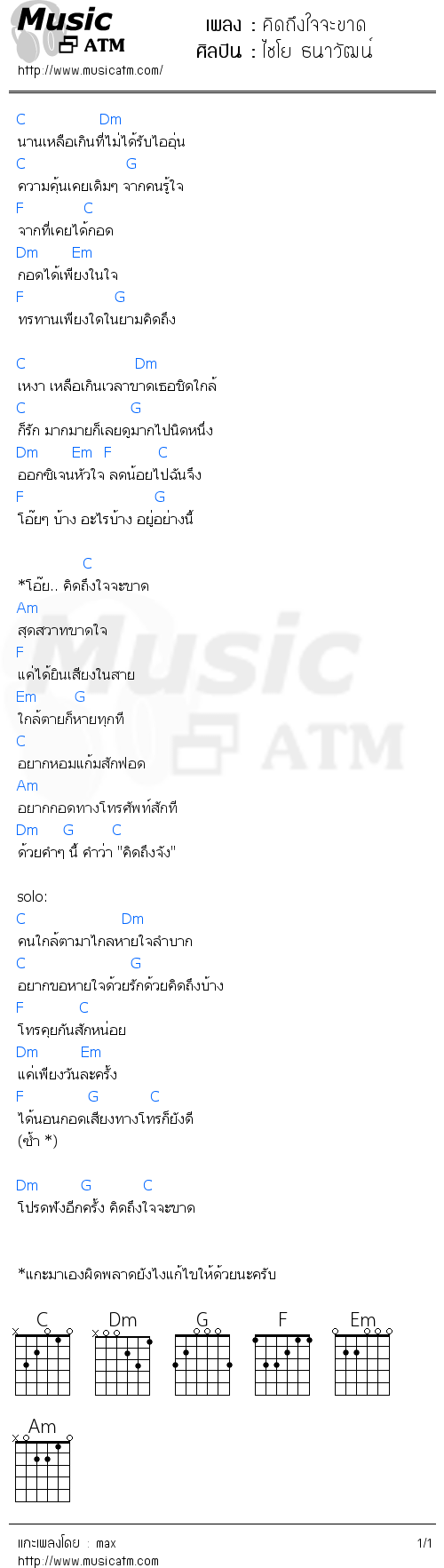 คอร์ดเพลง คิดถึงใจจะขาด