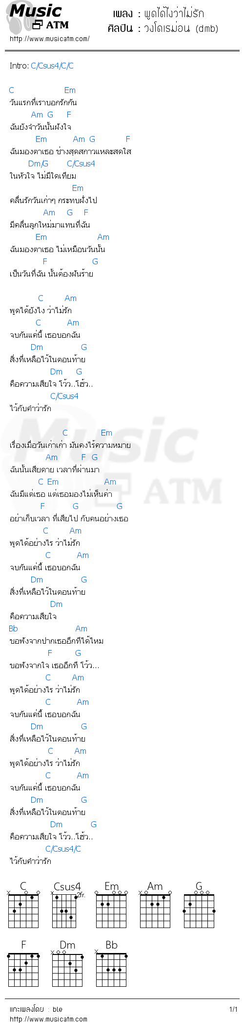 คอร์ดเพลง พูดได้ไงว่าไม่รัก