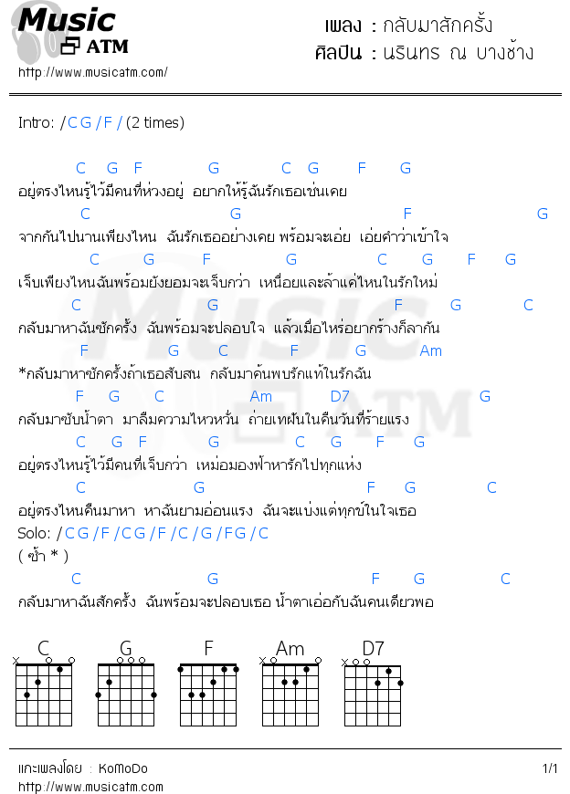 คอร์ดเพลง กลับมาสักครั้ง