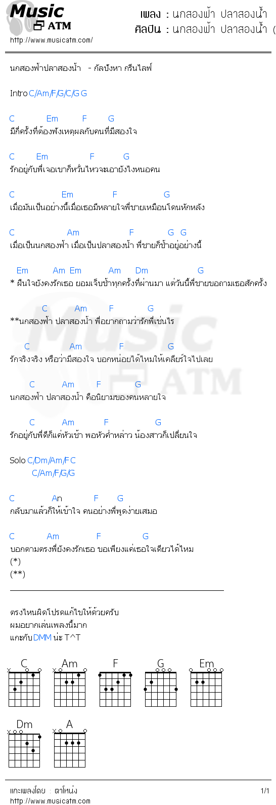 คอร์ดเพลง นกสองฟ้า ปลาสองน้ำ