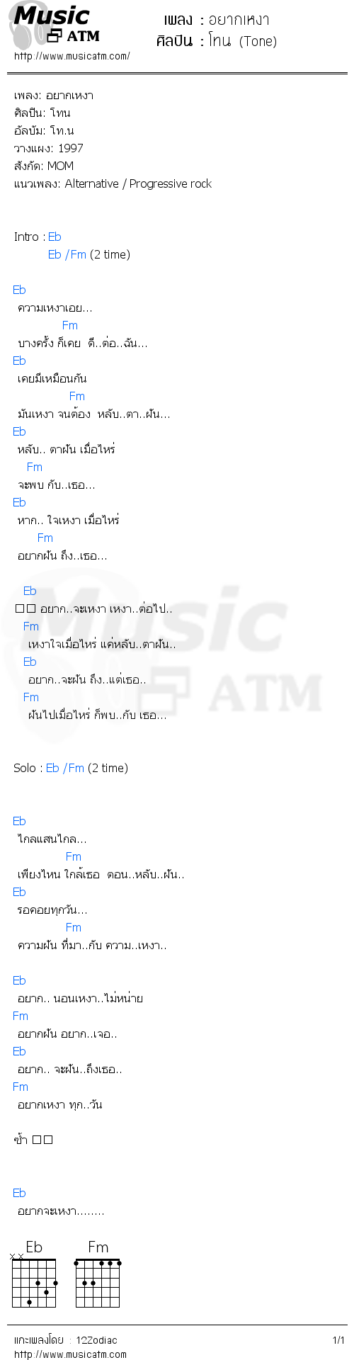 คอร์ดเพลง อยากเหงา