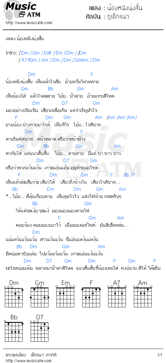 คอร์ดเพลง น้องหนิงนุ่งสั้น