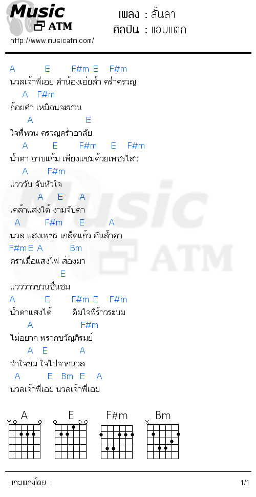 คอร์ดเพลง ลั้นลา - แอบแตก | คอร์ดเพลงใหม่