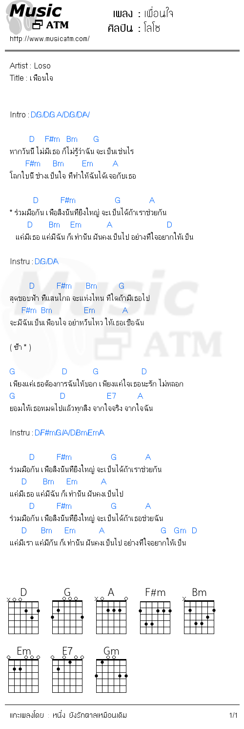 คอร์ดเพลง เพื่อนใจ - โลโซ | คอร์ดเพลงใหม่