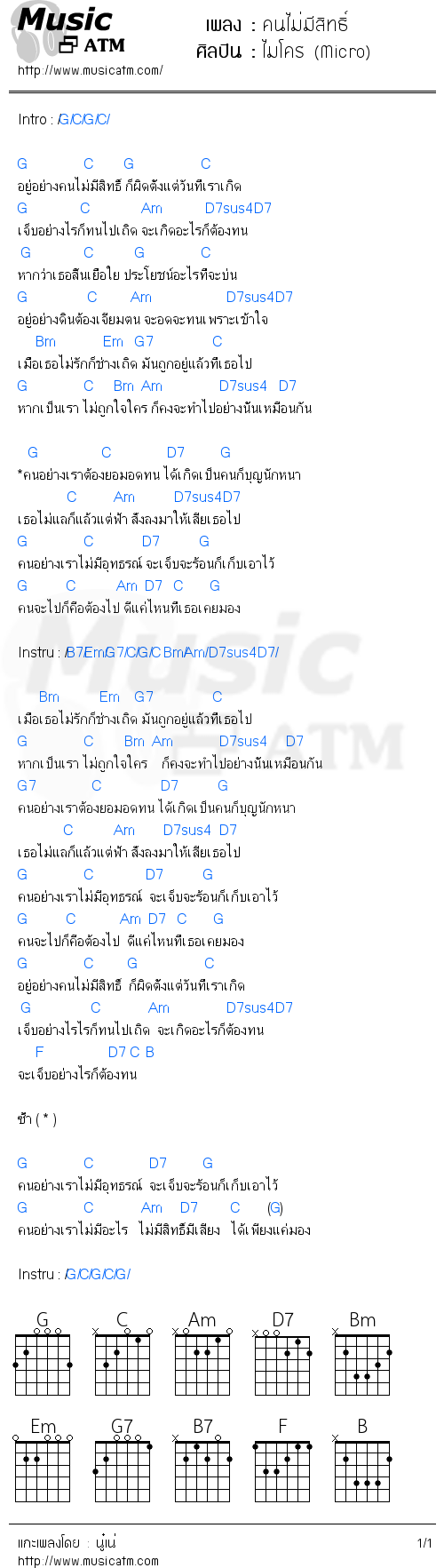 คอร์ดเพลง คนไม่มีสิทธิ์ - ไมโคร (Micro) | คอร์ดเพลงใหม่