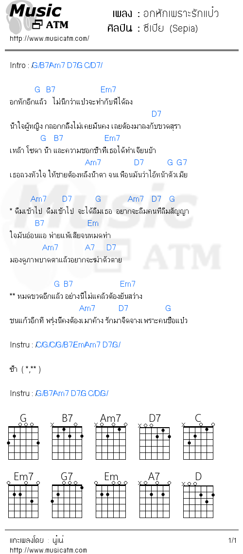 คอร์ดเพลง อกหักเพราะรักแป๋ว