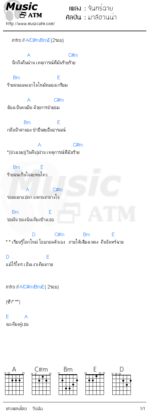 คอร์ดเพลง จันทร์ฉาย - มาลีฮวนน่า | คอร์ดเพลงใหม่