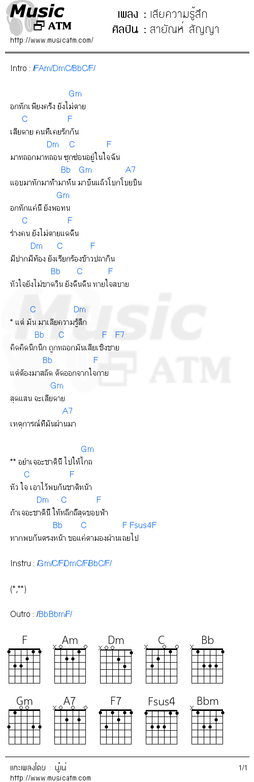 คอร์ดเพลง เสียความรู้สึก