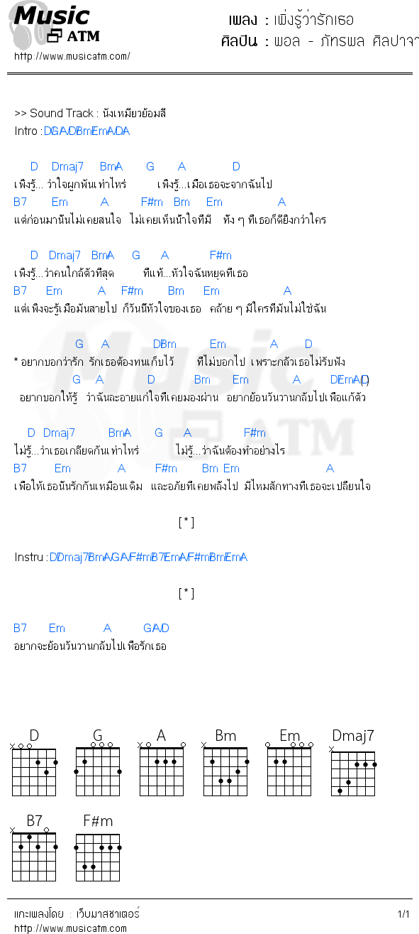 คอร์ดเพลง เพิ่งรู้ว่ารักเธอ