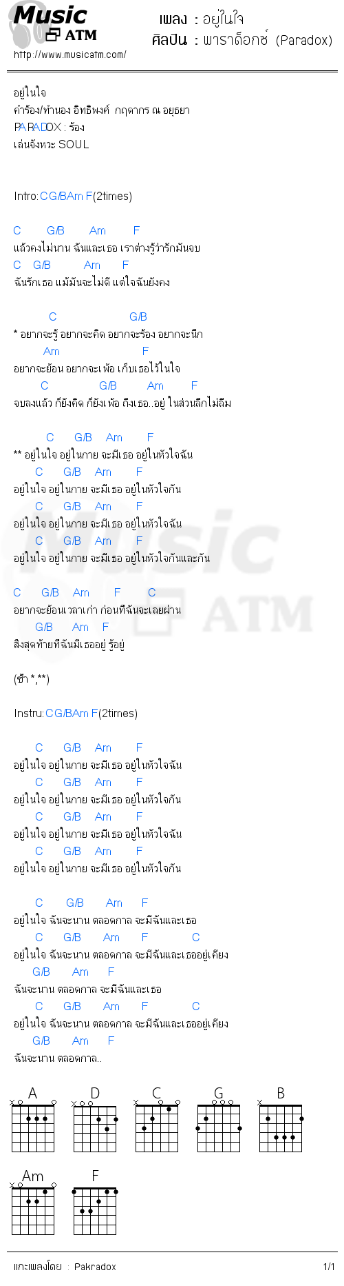 คอร์ดเพลง อยู่ในใจ