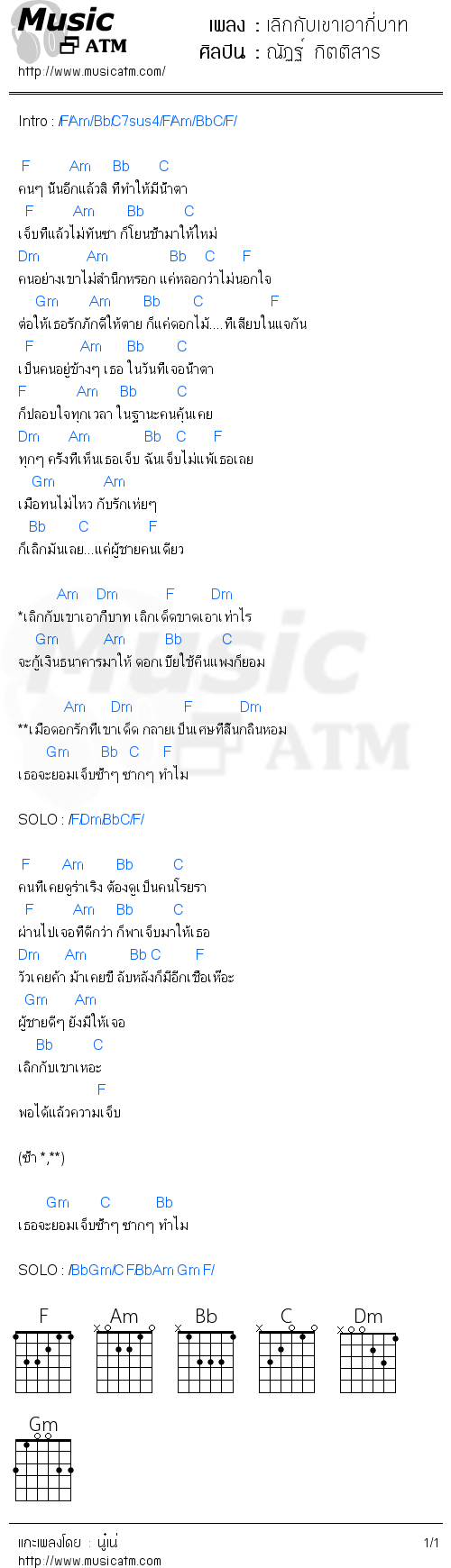 คอร์ดเพลง เลิกกับเขาเอากี่บาท