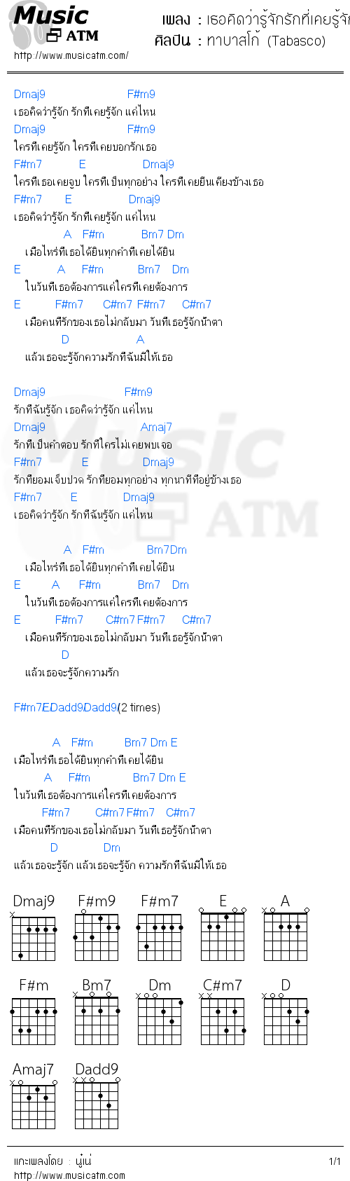 คอร์ดเพลง เธอคิดว่ารู้จักรักที่เคยรู้จักแค่ไหน - ทาบาสโก้ (Tabasco) | คอร์ดเพลงใหม่