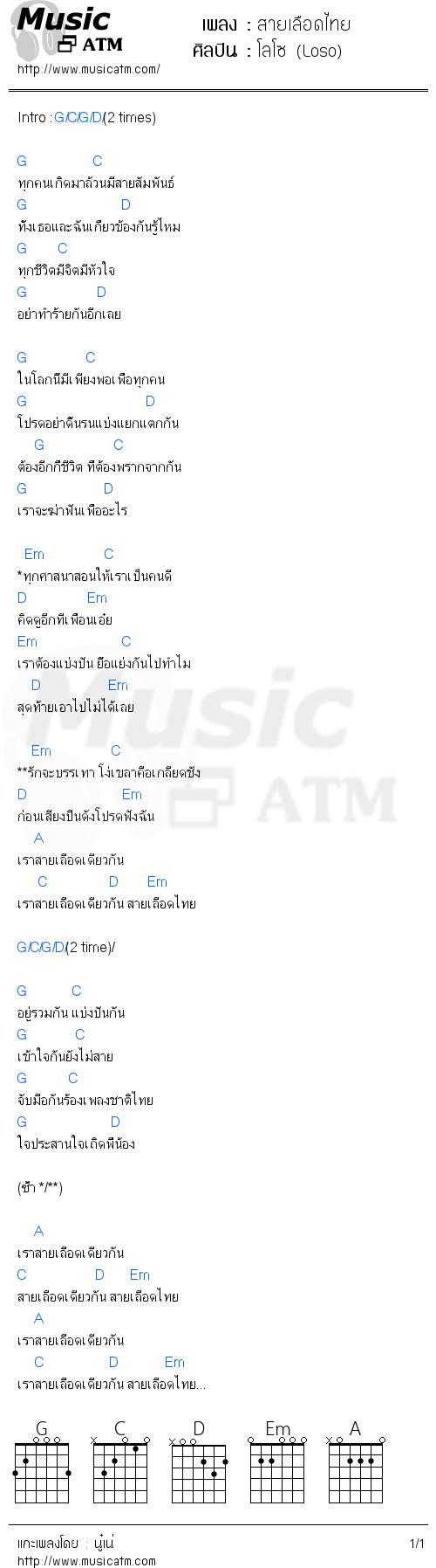 คอร์ดเพลง สายเลือดไทย - โลโซ (Loso) | คอร์ดเพลงใหม่