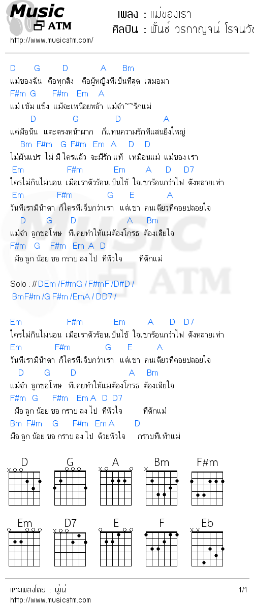 คอร์ดเพลง แม่ของเรา - พั้นช์ วรกาญจน์ โรจนวัชร | คอร์ดเพลงใหม่