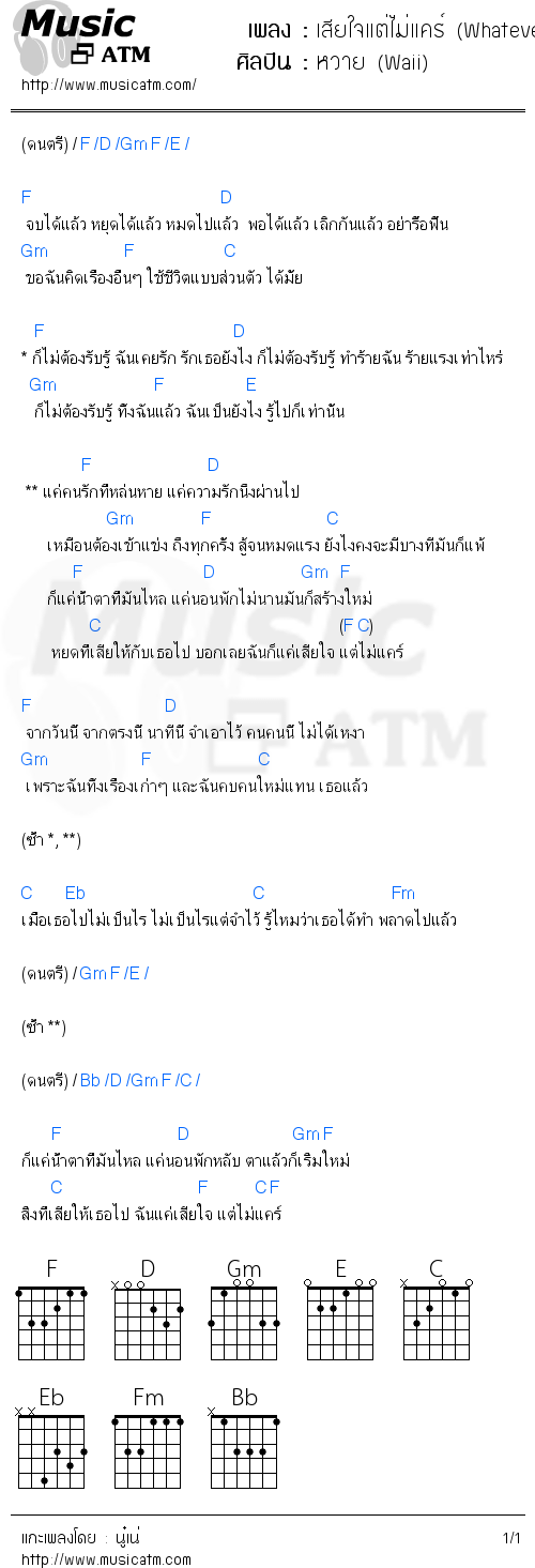 คอร์ดเพลง เสียใจแต่ไม่แคร์ (Whatever) - หวาย (Waii) | คอร์ดเพลงใหม่