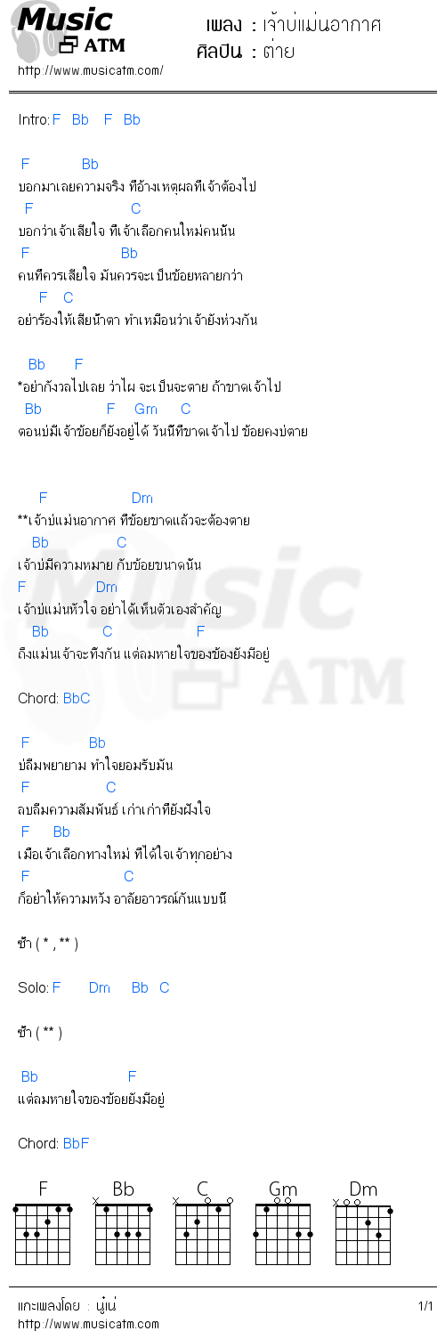 คอร์ดเพลง เจ้าบ่แม่นอากาศ - ต่าย | คอร์ดเพลงใหม่