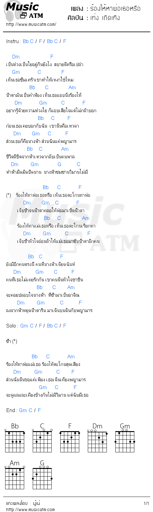 คอร์ดเพลง ร้องไห้หาพ่อเธอหรือ