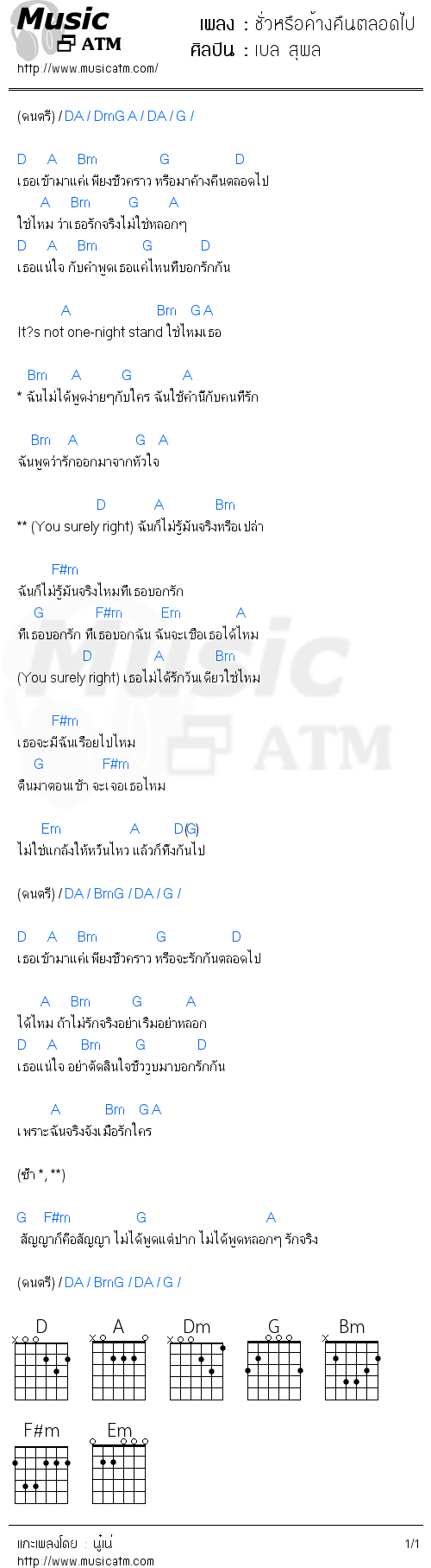 คอร์ดเพลง ชั่วหรือค้างคืนตลอดไป - เบล สุพล | คอร์ดเพลงใหม่