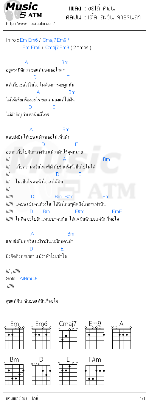 คอร์ดเพลง ขอได้แค่ฝัน