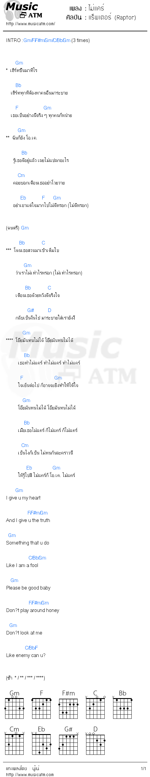 คอร์ดเพลง ไม่แคร์