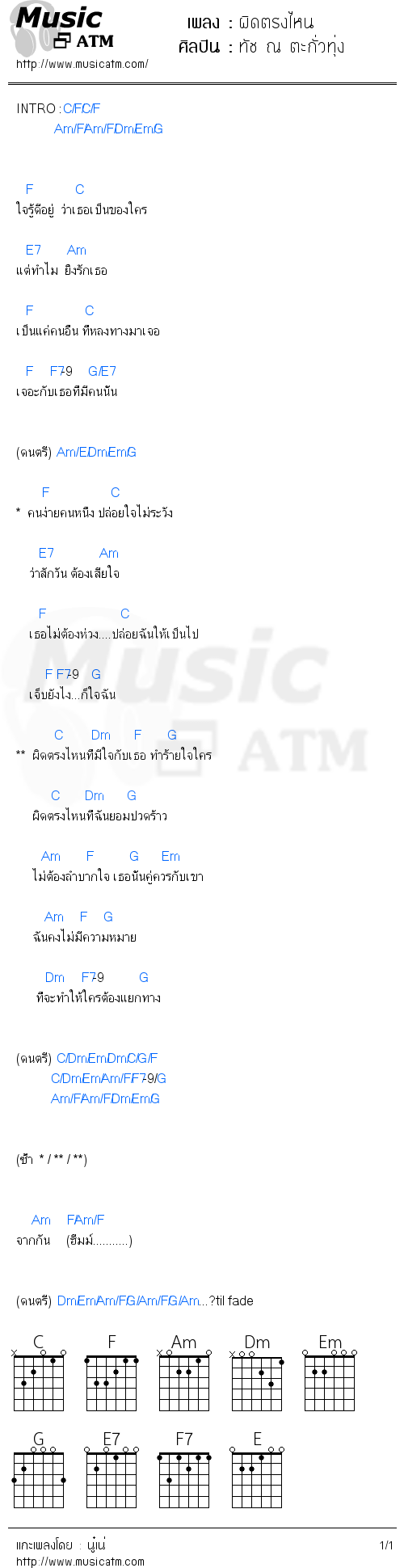 คอร์ดเพลง ผิดตรงไหน - ทัช ณ ตะกั่วทุ่ง | คอร์ดเพลงใหม่